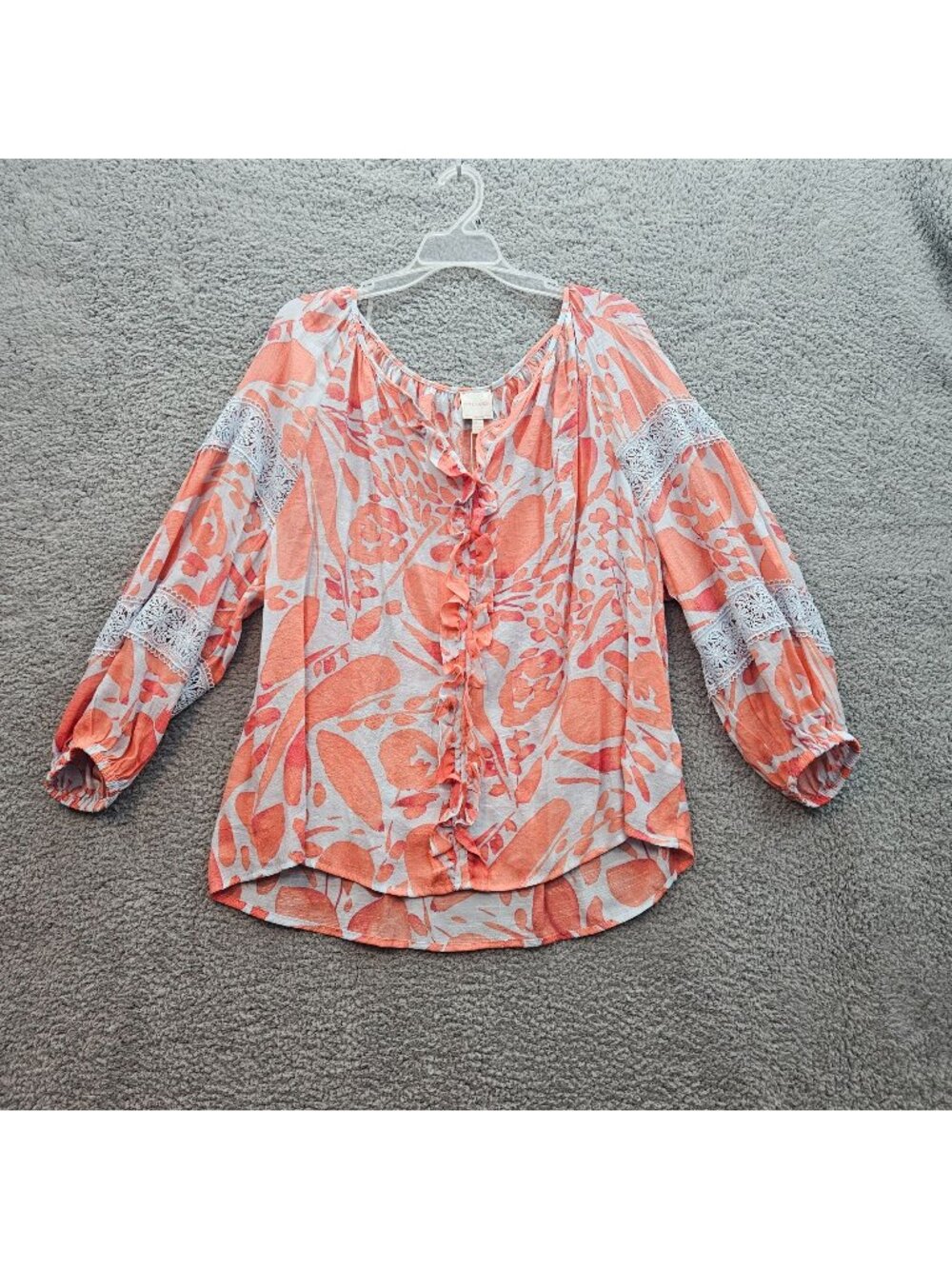 Zac & Rachel XL Floral Boho Blouse  Lace Accents Lightweight Sleeves Ruffle Fron